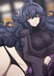 Rule 34 | 1girl, @ @, ahoge, black panties, breasts, closed mouth, clothes lift, creatures (company), dress, dress lift, game freak, hairband, hex maniac (pokemon), highres, long hair, long sleeves, looking at viewer, lying, matching hair/eyes, messy hair, nintendo, omiza somi, on side, panties, pokemon, pokemon xy, purple dress, purple eyes, purple hair, sketch, smile, solo, turtleneck, underwear