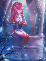 Rule 34 | 1girl, absurdres, anklet, barefoot, breasts, colored skin, commentary, fins, fish girl, full body, hair ornament, highres, holding, jewelry, knitting, long hair, medium breasts, mipha, monster girl, multicolored skin, nintendo, pointy ears, radjeong, red hair, red skin, reflection, sitting, smile, solo, the legend of zelda, the legend of zelda: breath of the wild, water, yellow eyes, zora