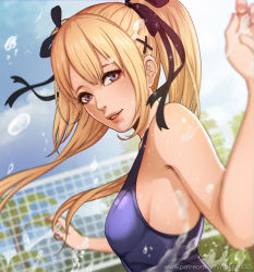 Rule 34 | 1girl, artist name, black ribbon, blonde hair, blue eyes, breasts, cloud, cloudy sky, day, dead or alive, dead or alive 5, eyelashes, from side, hair ornament, hair ribbon, lips, long hair, looking at viewer, magion02, marie rose, nose, one-piece swimsuit, palm tree, parted lips, patreon username, ribbon, sideboob, signature, sky, smile, solo, sparkle, splashing, swimsuit, teeth, tree, twintails, upper body, volleyball net, water, water droplets, watermark, web address, x hair ornament