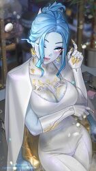 Rule 34 | absurdres, blue eyes, blue hair, blue skin, breasts, claws, cloak, colored skin, costume, cyberpunk, earrings, elden ring, extra arms, gold nails, highres, jewelry, large breasts, makeup, mechanical arms, office lady, olga korezky, one eye closed, pants, ranni the witch, ring, thick thighs, thighs, wedding ring, white cloak, white pants