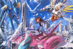 Rule 34 | 3girls, animal, animal print, arm support, armor, bird, bird wings, blonde hair, blue sky, blurry, bodysuit, boots, breasts, brown eyes, brown hair, building, cityscape, clothes writing, cloud, cloudy sky, d.va (overwatch), dark-skinned female, dark skin, day, eyelashes, facepaint, facial mark, faux traditional media, feathers, full body, gauntlets, gloves, gun, halo, headphones, helmet, high ponytail, highres, holding, jetpack, large breasts, light smile, lips, lipstick, long hair, looking at another, makeup, mecha, mechanical halo, mechanical wings, medium breasts, meka (overwatch), mercy (overwatch), mixed media, motion blur, multiple girls, open mouth, outdoors, overwatch, overwatch 1, pantyhose, pauldrons, pharah (overwatch), pilot suit, ponytail, power armor, rabbit, rabbit print, robot, rocket launcher, short hair, shoulder armor, shoulder pads, sitting, skin tight, sky, skyscraper, smile, song ren, staff, swept bangs, thigh boots, thighhighs, toy block, traditional media, turtleneck, watercolor pencil (medium), weapon, whisker markings, white footwear, white gloves, wings, yellow eyes