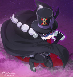 Rule 34 | 1girl, black cape, black footwear, black gloves, black hat, black thighhighs, boots, braid, cape, closed mouth, commentary request, dated, delicious party precure, gentlu (precure), gloves, haruyama kazunori, hat, highres, kneeling, long hair, looking at viewer, mask, on one knee, precure, red eyes, smile, solo, thigh boots, thighhighs, twin braids, twintails, white hair