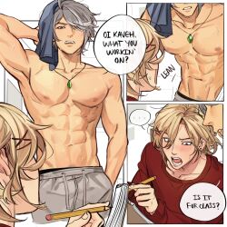 Rule 34 | ..., 2boys, 3koma, abs, ahoge, alhaitham (genshin impact), alternate costume, blonde hair, blush, collarbone, comic, commentary, english commentary, english text, genshin impact, grey hair, grey pants, hair ornament, hair over one eye, hand in pocket, highres, holding, holding pencil, indoors, jewelry, kaveh (genshin impact), long hair, long sleeves, looking at another, looking at pectorals, male focus, male pubic hair, medium hair, multiple boys, muscular, muscular male, navel, necklace, nipples, open mouth, panicking, pants, parted bangs, parted lips, pectorals, pencil, pubic hair, red sleeves, red sweater, simple background, sitting, sonagee, speech bubble, standing, sweatdrop, sweater, teeth, topless male, upper teeth only, v-shaped eyebrows, wet, x hair ornament, yaoi