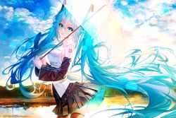 Rule 34 | 1girl, absurdres, baocaizi, black skirt, black sleeves, blue eyes, blue hair, blue nails, blue necktie, blue sky, cloud, cloudy sky, collared shirt, commentary, day, detached sleeves, hair between eyes, hatsune miku, hatsune miku (vocaloid3), hatsune miku (vocaloid4), highres, holding, holding umbrella, huge filesize, long sleeves, nail polish, necktie, outdoors, pleated skirt, shirt, skirt, sky, sleeveless, sleeveless shirt, solo, transparent, transparent umbrella, twintails, umbrella, v4x, vocaloid, white shirt, wide sleeves
