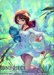 Rule 34 | 1girl, blue hair, bob cut, brown hair, coat, commentary request, copyright name, fireflies, forest, holding, hood, hooded coat, lim (one piece), looking at viewer, nature, nijimaarc, official art, one piece, one piece card game, open mouth, running, short hair, shorts, solo, white coat, white shorts