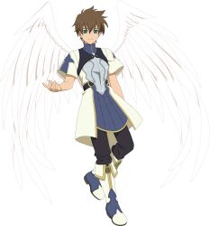 Rule 34 | 1boy, allen (tales), angel wings, black pants, boots, brown hair, feathered wings, full body, highres, looking at viewer, male focus, official art, pants, short hair, smile, solo, tales of (series), tales of asteria, tales of link, transparent background, transparent wings, wings