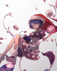 Rule 34 | 1girl, absurdres, antinomy of common flowers, blob, blue eyes, blue hair, book, boots, closed mouth, crossed legs, doremy sweet, dress, full body, grey background, highres, holding, holding book, juse (simasmasi), looking at viewer, medium hair, purple dress, shoe soles, smile, solo, touhou, white footwear