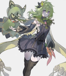 Rule 34 | 1girl, absurdres, black dress, black thighhighs, bridal gauntlets, collei (genshin impact), commentary, cuilein-anbar (genshin impact), detached sleeves, doll, dress, echj, genshin impact, green hair, hair ornament, highres, jewelry, long hair, long sleeves, looking at viewer, messy hair, midriff peek, purple eyes, simple background, solo, thighhighs, white background