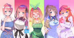 Rule 34 | 5girls, :d, ahoge, apron, bare shoulders, bento, black ribbon, blue apron, blue eyes, blue ribbon, blunt bangs, blush, bow, breasts, brown hair, butterfly hair ornament, closed eyes, commentary request, crossed arms, finger to own chin, go-toubun no hanayome, green apron, green bow, green hairband, hair between eyes, hair ornament, hair ribbon, hairband, halterneck, headphones, headphones around neck, high ponytail, highres, hood, hoodie, index finger raised, large breasts, long hair, looking at viewer, medium hair, multicolored background, multiple girls, nakano ichika, nakano itsuki, nakano miku, nakano nino, nakano yotsuba, off shoulder, open mouth, orange hair, outstretched hand, pillow, pink hair, piyopoyo, ponytail, purple sweater, red hair, ribbon, shirt, short hair, siblings, sidelocks, sisters, sleepwear, smile, star (symbol), star hair ornament, sweater, turtleneck, turtleneck sweater, white apron, white shirt, yellow hoodie, yellow sweater