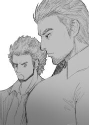 Rule 34 | 2boys, :o, bara, character request, facial hair, from side, girl staring at guys chest (meme), goatee stubble, greyscale, highres, kiryu kazuma, large pectorals, looking at another, looking at pectorals, looking down, male focus, mature male, meme, michin ojisan, monochrome, multiple boys, muscle envy, muscular, muscular male, pectorals, profile, ryuu ga gotoku (series), stubble, thick eyebrows, upper body