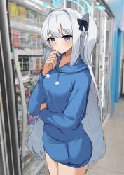 Rule 34 | 1girl, bcag., blue archive, blue halo, blue hoodie, blush, closed mouth, cowboy shot, halo, highres, hood, hood down, hoodie, indoors, long hair, miyako (blue archive), miyako (young) (blue archive), official alternate costume, one side up, outdoors, purple eyes, solo, white hair
