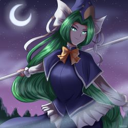 Rule 34 | 1girl, blouse, blue capelet, blue hat, blue skirt, blue vest, bow, bowtie, breasts, capelet, closed mouth, collar, crescent moon, frilled hat, frilled vest, frills, glowing, glowing eyes, green eyes, green hair, hair intakes, hat, hat ribbon, high collar, highres, long hair, long sleeves, looking at viewer, mima (touhou), moon, night, night sky, ribbon, shirt, skirt, sky, smile, solo, staff, star (sky), starry moon, sun print, touhou, touhou (pc-98), v-shaped eyebrows, very long hair, vest, white shirt, white sleeves, wizard hat, yellow bow, yellow bowtie, yokhai