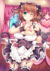 Rule 34 | 1girl, ;q, animal ears, aoki kaede, apron, black dress, black ribbon, black thighhighs, blush, breasts, brown hair, cat ears, cat tail, closed mouth, commentary request, company name, corset, curtains, dress, frilled apron, frilled dress, frills, garter straps, green eyes, hair between eyes, hair intakes, hair ornament, hair ribbon, hands up, heart, heart hair ornament, heart hands, highres, indoors, large breasts, looking at viewer, maid, maid headdress, neck ribbon, one eye closed, original, pink ribbon, puffy short sleeves, puffy sleeves, ribbon, ribbon-trimmed legwear, ribbon trim, shiny skin, short dress, short sleeves, smile, solo, standing, stuffed animal, stuffed rabbit, stuffed toy, suzunone rena, tail, thighhighs, tongue, tongue out, two side up, waist apron, window, wrist cuffs, x hair ornament, zettai ryouiki