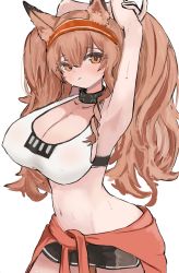 Rule 34 | 1girl, absurdres, angelina (arknights), animal ear fluff, animal ears, arknights, armpits, arms behind head, arms up, black shorts, blush, breasts, brown eyes, brown hair, cleavage, closed mouth, clothes around waist, cowboy shot, fox ears, hairband, highres, large breasts, long hair, looking at viewer, navel, nyashiro (sgylk), official alternate costume, red hairband, short shorts, shorts, simple background, solo, sports bra, stomach, sweat, twintails, very long hair, white background