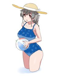 Rule 34 | adapted costume, animal print, ball, beachball, black hair, blue one-piece swimsuit, breasts, casual one-piece swimsuit, commentary request, cropped legs, fish print, hair flaps, hair ornament, hairclip, hat, jingei (kancolle), kantai collection, large breasts, long hair, low ponytail, one-piece swimsuit, red eyes, simple background, star (symbol), star print, sun hat, swimsuit, tamu (mad works), whale hair ornament, white background, yellow hat
