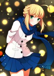 Rule 34 | 1girl, ahoge, aqua eyes, arms behind back, artoria pendragon (all), artoria pendragon (fate), blonde hair, blue scarf, blue skirt, braid, buttons, closed mouth, coat, cowboy shot, fate/stay night, fate (series), leaning forward, legs together, long sleeves, looking at viewer, miniskirt, misoradeko, official alternate costume, pleated skirt, saber (fate), scarf, short hair, sidelocks, skirt, smile, solo, white coat