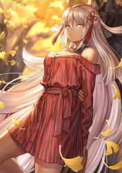 Rule 34 | 1girl, ahoge, arms behind back, autumn leaves, bag, black bow, black shirt, blurry, blurry background, bow, breasts, buttons, casual, closed mouth, commentary request, dark-skinned female, dark skin, dress, expressionless, falling leaves, fate/grand order, fate (series), floating hair, hair between eyes, hair bow, hair ornament, hand on own arm, handbag, highres, holding, holding bag, knee up, large breasts, leaf, long hair, looking at viewer, mashuu (neko no oyashiro), off-shoulder dress, off shoulder, okita souji (fate), okita souji alter (fate), outdoors, red dress, sash, shirt, sidelocks, sleeveless, solo, striped clothes, striped dress, sunset, tassel, thighs, tree, tsurime, twitter username, undershirt, vertical-striped clothes, vertical-striped dress, very long hair, white hair, wind, yellow eyes