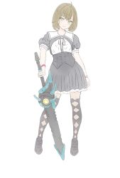 Rule 34 | 1girl, absurdres, ahoge, arm at side, assault lily, black footwear, black ribbon, black skirt, black thighhighs, blush, brown hair, closed mouth, clothing cutout, commentary request, cropped jacket, full body, green eyes, highres, holding, holding sword, holding weapon, leg cutout, looking at viewer, miniskirt, mole, mole under eye, neck ribbon, pickles (picpicpickles), pink ribbon, pleated skirt, puffy short sleeves, puffy sleeves, ribbon, school uniform, seike tomoyo, shirt, shoes, short hair, short sleeves, simple background, skirt, smile, solo, standing, sword, thighhighs, underbust, weapon, white background, white shirt, wrist ribbon, yurigaoka girls academy school uniform, zettai ryouiki