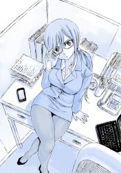 Rule 34 | 1girl, adjusting eyewear, alternate costume, blue theme, breasts, contemporary, erza scarlet, fairy tail, formal, glasses, large breasts, long hair, looking at viewer, low twintails, mashima hiro, monochrome, office, office lady, pantyhose, pencil skirt, skirt, skirt suit, solo, suit, thighs, twintails