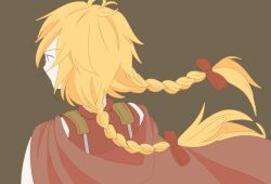 Rule 34 | 1other, androgynous, anime coloring, antenna hair, armor, bare arms, biberiye, black eyes, blonde hair, bow, braid, breastplate, brown background, cape, cape lift, collared shirt, commentary request, from behind, furrowed brow, hair bow, hair lift, heart antenna hair, len&#039;en, long hair, low twin braids, ooama no ake no mitori, other focus, red bow, red cape, red shirt, shirt, simple background, sleeveless, sleeveless shirt, solo, twin braids