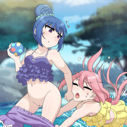 Rule 34 | 10s, 2girls, ^^^, accident, accidental exposure, artist name, assisted exposure, ball, bare shoulders, bikini, blue hair, blue sky, blurry, blurry background, blush, breasts, closed eyes, cloud, collarbone, constricted pupils, day, falling, female focus, flower, frilled bikini, frilled swimsuit, frills, gluteal fold, hair bun, hair flower, hair ornament, hand up, holding, kagamihara nadeshiko, kakuume, light blush, long hair, looking back, multiple girls, navel, one-piece swimsuit, open mouth, outdoors, pink hair, purple eyes, purple one-piece swimsuit, pussy, red flower, shima rin, shiny skin, short hair, signature, single hair bun, sky, small breasts, splashing, standing, surprised, sweat, swimsuit, tree, twintails, uncensored, water, yellow bikini, yurucamp