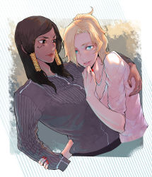 Rule 34 | 2girls, aqua eyes, arm around shoulder, black hair, blonde hair, blue eyes, braid, breasts, brown eyes, brown lips, brown nails, buttons, casual, cleavage, collarbone, dark-skinned female, dark skin, eye of horus, facial mark, facial tattoo, fingernails, hair tubes, hand in pocket, hand to own mouth, hebi utage, jewelry, lips, lipstick, long sleeves, looking at another, looking at viewer, makeup, medium breasts, mercy (overwatch), multiple girls, nail polish, necklace, overwatch, overwatch 1, pants, parted bangs, parted lips, pharah (overwatch), pink lips, ponytail, red nails, shirt, side braids, sidelocks, small breasts, tattoo, white shirt, yuri