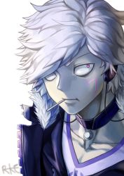 Rule 34 | 1boy, add (elsword), bad id, bad pixiv id, choker, elsword, facial mark, male focus, messy hair, mouth hold, psychic tracer (elsword), purple eyes, rke, signature, solo, tattoo, white background, white hair, wide-eyed
