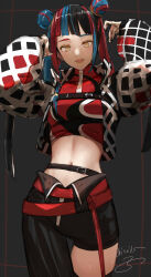 Rule 34 | 1girl, alternate costume, alternate hairstyle, arms up, asymmetrical clothes, belt, black background, black belt, black hair, black pants, blue hair, breasts, chest strap, cropped shirt, double bun, eyeshadow, grid print, hair bun, harusaruhi, highres, isshiki (ffmania7), jacket, kamitsubaki studio, long hair, long sleeves, looking at viewer, makeup, medium breasts, midriff, multicolored hair, narrow waist, navel, open clothes, open jacket, open mouth, pants, print jacket, puffy long sleeves, puffy sleeves, red hair, red shirt, shirt, signature, single pantsleg, smile, solo, stomach, thigh gap, thighs, turtleneck, twintails, twitter username, virtual youtuber, yellow eyes, yellow eyeshadow