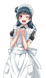Rule 34 | 10s, 1girl, ;d, alternate costume, apron, blue hair, blunt bangs, blush, commentary request, enmaided, hair bun, holding, holding tray, long hair, looking at viewer, love live!, love live! school idol festival, love live! sunshine!!, maid, maid apron, maid headdress, one eye closed, open mouth, purple eyes, short sleeves, side bun, simple background, single side bun, smile, solo, tray, tsushima yoshiko, white background, yopparai oni