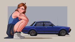 Rule 34 | 1girl, air jordan, air jordan 1, arhentol, blue background, blue tank top, blush, border, breasts, brown border, brown eyes, brown hair, brown shorts, car, clothes around waist, commentary, crossed arms, english commentary, ford, ford cortina, from side, hair behind ear, highres, medium breasts, mole, mole on breast, motor vehicle, nike (company), original, radio antenna, raelyn cunningham, shadow, shoes, short hair, shorts, smile, sneakers, solo, squatting, sweater, sweater around waist, tank top, vehicle focus, white footwear