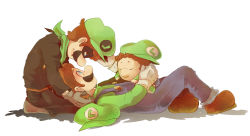 Rule 34 | 3boys, alternate costume, baby luigi, blue eyes, boots, brown hair, child, eye contact, facial hair, gloves, hand on head, hat, unworn hat, unworn headwear, kayako (bimabima), lap pillow, looking at another, luigi, lying, male focus, mario (series), mask, mr l, multiple boys, multiple persona, mustache, nintendo, on back, overalls, paper mario, shadow, sitting, super paper mario, time paradox, white background, aged down