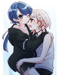 Rule 34 | 2girls, ;(, black choker, black jacket, black pants, black shorts, blue eyes, blue hair, blue ribbon, blush, border, choker, closed mouth, collarbone, commentary request, dark blue hair, diagonal bangs, flat chest, frown, gradient background, grey hair, hair ornament, hair ribbon, hand on another&#039;s hip, hand on another&#039;s neck, hand on another&#039;s shoulder, hickey, highres, jacket, kanduki kamibukuro, light blue background, link! like! love live!, long hair, long sleeves, looking at another, love live!, low twintails, multicolored hair, multiple girls, murano sayaka, off shoulder, open mouth, pants, partially unzipped, red eyes, red hair, ribbon, short hair, shorts, small sweatdrop, star (symbol), star hair ornament, straddling, streaked hair, swept bangs, tank top, translated, twintails, two-tone hair, upright straddle, white background, white border, white tank top, yugiri tsuzuri, yuri