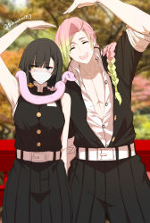 Rule 34 | 1boy, 1girl, :d, ^ ^, arm up, bandage on face, bandages, bare arms, bare shoulders, belt, belt buckle, black hair, black jacket, black pants, black skirt, blue eyes, blurry, blurry background, braid, breasts, buckle, closed eyes, collarbone, collared shirt, commentary, covered mouth, day, depth of field, dishwasher1910, dress shirt, english commentary, facing viewer, genderswap, genderswap (ftm), genderswap (mtf), gradient hair, green hair, hair over shoulder, heterochromia, highres, iguro obanai, jacket, kanroji mitsuri, kimetsu no yaiba, leaning to the side, long hair, medium breasts, mole, mole under eye, multicolored hair, open clothes, open jacket, open mouth, open shirt, outdoors, pants, pink hair, pleated skirt, shirt, short sleeves, skirt, sleeveless, sleeveless jacket, sleeveless shirt, smile, twitter username, very long hair, white belt, white shirt, yellow eyes