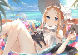 Rule 34 | 1girl, abigail williams (fate), abigail williams (swimsuit foreigner) (fate), abigail williams (swimsuit foreigner) (third ascension) (fate), absurdres, ball, bare shoulders, beach, beachball, bikini, black cat, blonde hair, blue eyes, blue sky, blush, bonnet, bow, breasts, cat, commentary request, day, fate/grand order, fate (series), film grain, forehead, hair bow, hair flowing over, highres, huge filesize, innertube, knees up, long hair, looking at viewer, miniskirt, ocean, oyuyu, parted bangs, sidelocks, skirt, sky, small breasts, smile, swim ring, swimsuit, thighs, twintails, very long hair, water, white bikini, white bow, white headwear
