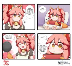 Rule 34 | 2girls, :&lt;, alternate costume, animal ear fluff, animal ears, animal hands, apron, bell, breasts, cat paws, cellphone, collar, collarbone, dual persona, english text, engrish text, enmaided, fang, fate/grand order, fate (series), fox ears, fox girl, fox tail, frilled apron, frills, frying pan, gloves, hair ribbon, highres, holding, holding frying pan, jingle bell, keita naruzawa, large breasts, long hair, maid, maid apron, maid headdress, mini person, minigirl, multiple girls, neck bell, one eye closed, paw gloves, paw shoes, phone, pink hair, ponytail, ranguage, red ribbon, ribbon, shoes, smartphone, speech bubble, tail, tamamo (fate), tamamo cat (fate), tamamo cat (first ascension) (fate), tamamo cat (second ascension) (fate), waist apron, white apron, yellow eyes