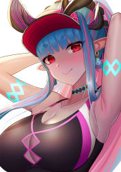 Rule 34 | abeen jhong, armpit crease, armpits, blue hair, blush, body markings, breasts, cleavage, cleavage cutout, clothing cutout, competition swimsuit, dark-skinned female, dark skin, ear piercing, fate/grand order, fate (series), hat, highres, horns, ibuki douji (fate), ibuki douji (swimsuit berserker) (fate), ibuki douji (swimsuit berserker) (first ascension) (fate), large breasts, lips, lipstick, looking at viewer, makeup, monster, monster girl, one-piece swimsuit, oni, oni horns, piercing, pointy ears, presenting armpit, red eyes, sweat, swimsuit, wet