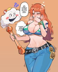 Rule 34 | 1girl, 1other, absurdres, artist request, bikini, bikini top only, breasts, cleavage, curvy, english text, highres, holding, holding weapon, large breasts, long hair, looking at another, nami (one piece), navel, one piece, orange hair, shoulder tattoo, simple background, swimsuit, tattoo, very long hair, weapon, wide hips, zeus (one piece)