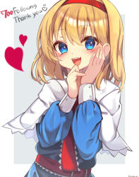 Rule 34 | 1girl, alice margatroid, belt, blonde hair, blue dress, blue eyes, blush, border, buttons, capelet, commentary request, dress, english text, eyes visible through hair, fang, fangs, grey background, hair between eyes, hairband, hand on own face, hands up, highres, long sleeves, looking to the side, necktie, open mouth, outside border, puffy long sleeves, puffy sleeves, red belt, red hairband, red necktie, short hair, simple background, smile, solo, teeth, tongue, touhou, twitter username, white border, yuineko