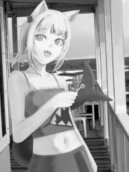 Rule 34 | 1girl, absurdres, animal ears, camisole, candy, cat ears, chair, fins, fish tail, food, gawr gura, greyscale, hair ornament, highres, hololive, hololive english, lollipop, midriff, monochrome, multicolored hair, navel, ocean, photo background, porch, shark hair ornament, shark tail, sharp teeth, skirt, solo, spaghetti strap, streaked hair, tail, teeth, upper body, virtual youtuber, xyanaid