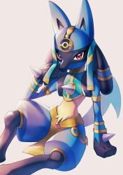 Rule 34 | 1other, androgynous, animal ears, animal hands, arm support, armlet, black fur, blue fur, body fur, bracelet, closed mouth, clothed pokemon, creatures (company), crop top, egyptian clothes, furry, game freak, gem, gen 4 pokemon, gold, green shirt, grey background, hand up, highres, jewelry, knee up, looking at viewer, lucario, lucario (ruins), maki (letusgomaki), multicolored fur, nintendo, other focus, pelvic curtain, poke ball symbol, poke ball theme, pokemon, pokemon (creature), pokemon unite, red eyes, red gemstone, shirt, simple background, sitting, sleeveless, sleeveless shirt, snout, solo, tail, thick thighs, thighs, wolf ears, wolf tail, yellow fur