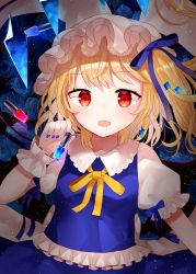 Rule 34 | 1girl, alternate color, arm up, black background, blonde hair, blue flower, blue nails, blue ribbon, blue rose, blue skirt, blue vest, bottle, crystal, earrings, fang, flandre scarlet, floral background, flower, frilled vest, frills, hair ribbon, hat, holding, holding bottle, jewelry, light particles, looking at viewer, mob cap, nail polish, nail polish bottle, neck ribbon, open mouth, puffy short sleeves, puffy sleeves, red eyes, ribbon, rose, sakizaki saki-p, shirt, short hair, short sleeves, side ponytail, skin fang, skirt, solo, standing, touhou, upper body, vest, white shirt, wings, wrist cuffs, yellow ribbon