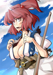 Rule 34 | 1girl, artist request, bad id, bad pixiv id, breasts, brown eyes, cleavage, female focus, large breasts, nagihito, onozuka komachi, outdoors, red hair, short hair, sky, solo, sweat, touhou, twintails, two side up