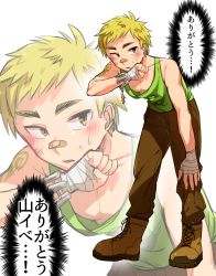 Rule 34 | 1boy, bad id, bad pixiv id, bandaid, bandaid on face, bandaid on nose, bent over, blonde hair, boots, brown pants, green shirt, hand wraps, highres, looking at viewer, male focus, ooki ikutoshi, pants, shirt, sketch, solo, sweat, tank top, tattoo, thought bubble, tokyo houkago summoners, yellow eyes, zoom layer