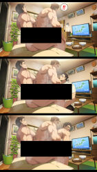 Rule 34 | !, 3boys, ^ ^, anal, bara, black hair, blush, closed eyes, eye contact, facial hair, feet out of frame, from below, from side, full body, grin, group sex, happy sex, highres, indoors, large pectorals, looking at another, love train, male focus, male penetrated, mature male, mmm threesome, multiple boys, muscular, muscular male, nipples, original, oro9, paid reward available, pectorals, reverse cowgirl position, sequential, sex, sex from behind, short hair, sideburns, sitting, sitting on lap, sitting on person, smile, spoken exclamation mark, steaming body, stomach, straddling, stubble, sweat, sweatdrop, television, thick eyebrows, thick thighs, thighs, threesome, yaoi