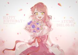 Rule 34 | 1girl, artist name, artist request, blush, bouquet, bow, braid, braided bun, breasts, collarbone, dream with you (love live!), dress, dress bow, female focus, fire (ebifuraiday0824), flower, frilled dress, frills, gloves, green eyes, hair bun, highres, holding, holding bouquet, holding clothes, holding skirt, jewelry, looking at viewer, love live!, love live! nijigasaki high school idol club, love live! school idol festival, necklace, orange hair, parted lips, pearl necklace, pink bow, pink flower, pink skirt, pink wrist cuffs, puffy short sleeves, puffy sleeves, red hair, red petals, short hair, short sleeves, side bun, single hair bun, skirt, smile, solo, uehara ayumu, white dress, white gloves, white skirt, wrist cuffs, yellow eyes