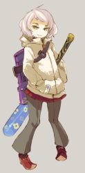 Rule 34 | 1girl, bag, bell-bottoms, full body, green eyes, grey background, hands in pockets, highres, hood, hoodie, light purple hair, light smile, looking at viewer, mota, original, pants, pants under skirt, parted lips, pleated skirt, pointy footwear, sheath, sheathed, shoes, short hair, simple background, sketch, skirt, smirk, solo, sweater, sword, weapon, zipper
