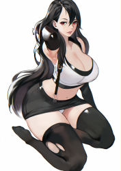 Rule 34 | 1girl, arched back, belly, black gloves, black hair, black skirt, black thighhighs, bobobong, breasts, cleavage, crop top, elbow gloves, expressionless, final fantasy, final fantasy vii, final fantasy vii remake, full body, gloves, hair between eyes, hand in own hair, highres, huge breasts, lazy eye, long hair, miniskirt, narrow waist, navel, no shoes, panties, pantyshot, parted bangs, parted hair, pink lips, red eyes, shiny clothes, shiny skin, sidelocks, simple background, skindentation, skirt, solo, suspender skirt, suspenders, tank top, thick thighs, thighhighs, thighs, tifa lockhart, torn clothes, torn thighhighs, underwear, very long hair, white background, white panties, white tank top, wide hips