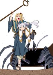Rule 34 | 2girls, blonde hair, book, boots, capelet, crossover, dungeon meshi, elf, fleeing, frieren, green eyes, highres, lifting person, long hair, marcille donato, mimic, monster, multiple girls, pants, pointy ears, robe, running, sandals, simple background, sousou no frieren, staff, sweat, sweatdrop, twintails, white background, white hair, yasehattagi