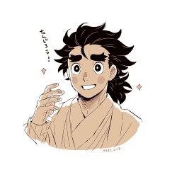 Rule 34 | 1boy, aged up, blush stickers, brown theme, bruise, cropped shoulders, forked eyebrows, hair slicked back, hand up, injury, japanese clothes, kimetsu no yaiba, kimono, kkk 0mg, kotetsu (kimetsu no yaiba), long sleeves, looking at viewer, male focus, medium hair, monochrome, no mask, portrait, simple background, smile, solo, sparkle, twitter username
