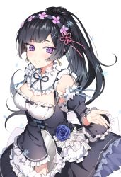 Rule 34 | 1girl, alternate costume, alternate hairstyle, apron, bang dream!, bari dal, black apron, black bow, black flower, black hair, black rose, blue bow, blue flower, blue ribbon, blue rose, blunt bangs, blush, bow, breasts, cleavage, closed mouth, commentary request, cosplay, detached sleeves, dress, earrings, flower, frilled dress, frilled sleeves, frills, hair flower, hair ornament, hair ribbon, hairband, highres, hime cut, jewelry, juliet sleeves, large breasts, long hair, long sleeves, looking at viewer, maid, maid apron, neck ribbon, neck ruff, outstretched arm, outstretched hand, pink ribbon, ponytail, puffy sleeves, purple eyes, re:zero kara hajimeru isekai seikatsu, rem (re:zero), rem (re:zero) (cosplay), ribbon, rose, shirokane rinko, simple background, smile, snowflakes, solo, striped, tray, tsurime, two-tone dress, white background, white ribbon, wide sleeves, x hair ornament